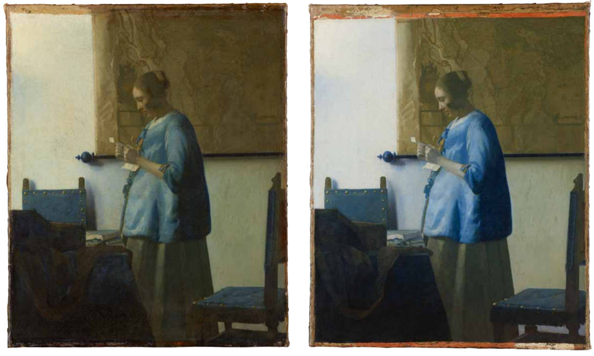 Woman in Blue Reading a Letter before and after restoration 
