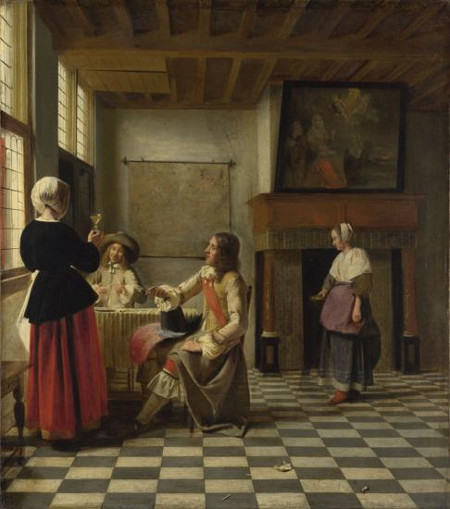 Pieter de Hooch,A Woman Drinking with Two Men, and a Serving Woman