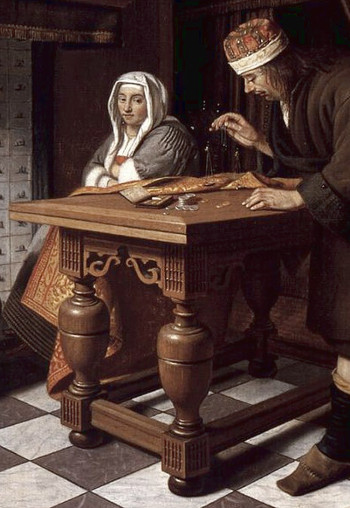 A Man Weighing Gold, (detail), Cornelis de Man