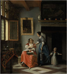 A Woman Handing a Coin to a Serving Woman with a Child, Pieter de Hooch