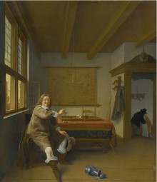 A Man in an Interior Holding a Glass, Two Servants Kissing in a Doorway by Isaack Koedijck>