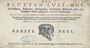 Front page of Jacob Van Eyck's Der Fluyten Lust-hof 