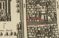 A bird-eye view of the area around the Thins/Vermeer house from the Kaart Figuratief (1675–1678)
