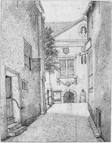 a drawing of the St Luke guildhall in the time of Vermeer