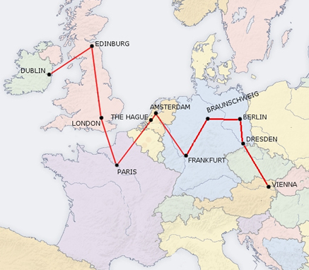 map of Vermeer paintings in Europe