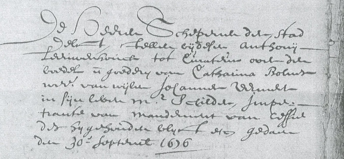 The Delft Archives conserves this document, dated 30 September, 1676, which nominates the naturalist Antonie Leeuwenhoek as the executor of Vermeer's last estate