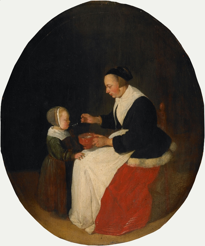 Quiringh Gerritsz. van Brekelenkam, A Mother Feeding her Child Porridge