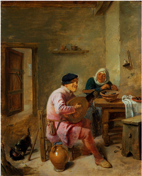 Adnraein Brouwer, Interior of a Room with Figures: A Man Playing a Lute and a Woman