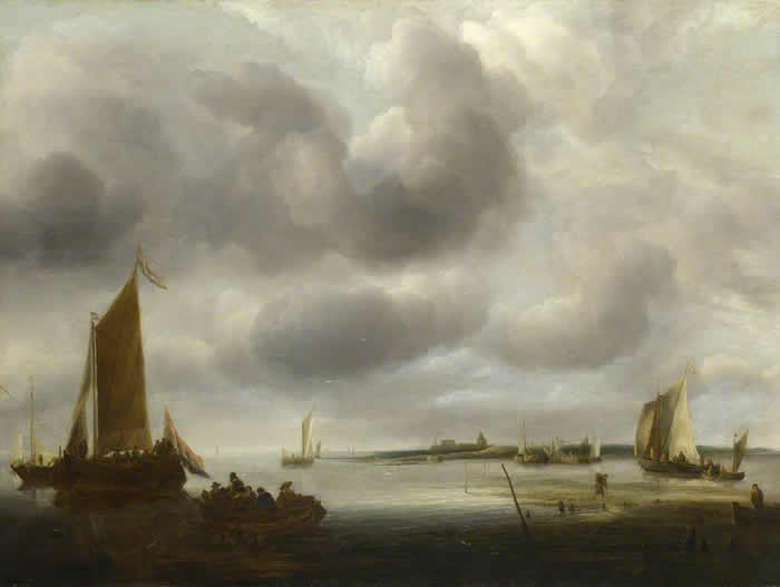 Jan van de Cappelle, A Coast Scene, with a Small Dutch Vessel landing Passengers