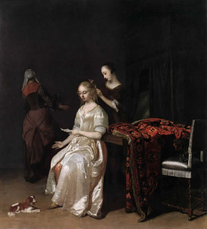 A Woman Reading a Letter with Two Maidservants, Jacob Ochtervelt