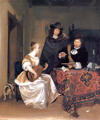 A Young Woman Playing a Theorbo to Two Men, Gerrit ter Borch