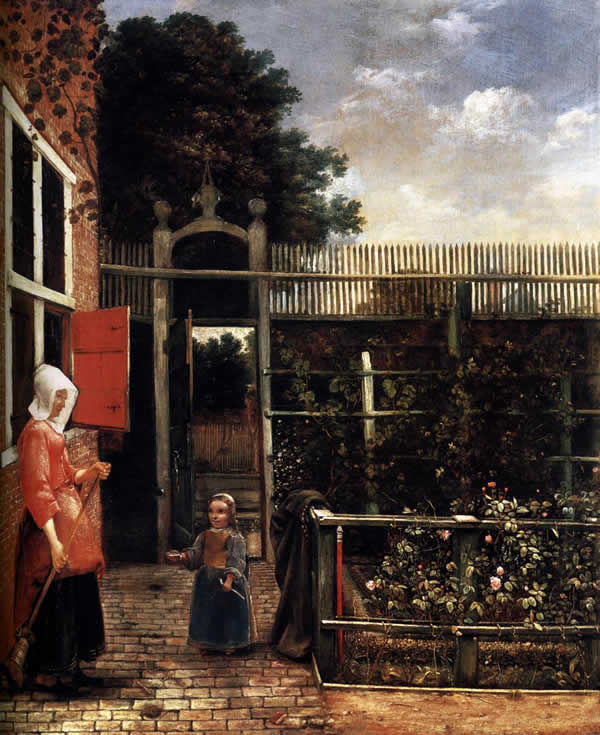 Woman with a Child Blowing Bubbles in a Garden, hendrick van der Burch