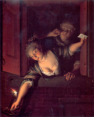 Young Woman with a Candle and a Letter in a Window with a Maidservant, Johannes Verkolje