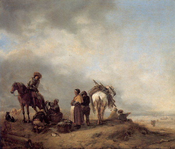 Philips Wouwerman, A View on a Seashore with Fishwives Offering Fish to a Horseman
