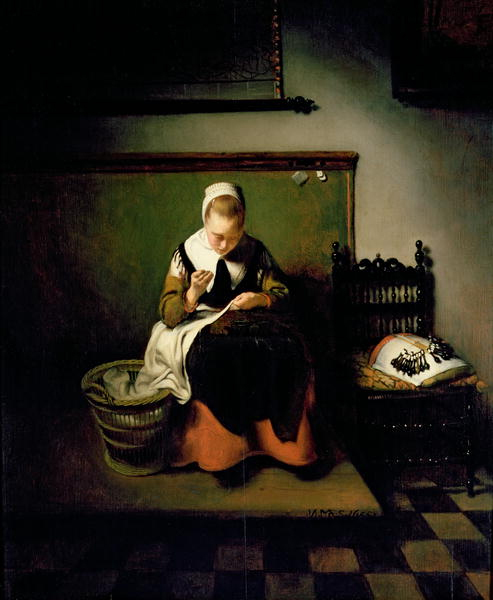 Nicolaes Maes, A Young Woman Sewing