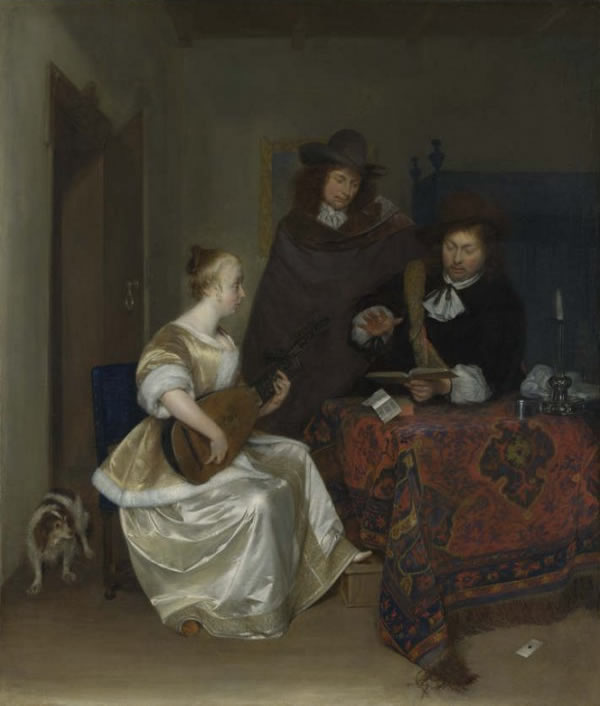 A Young Woman Playing a Theorbo to Two Men, Gerrit ter Borch