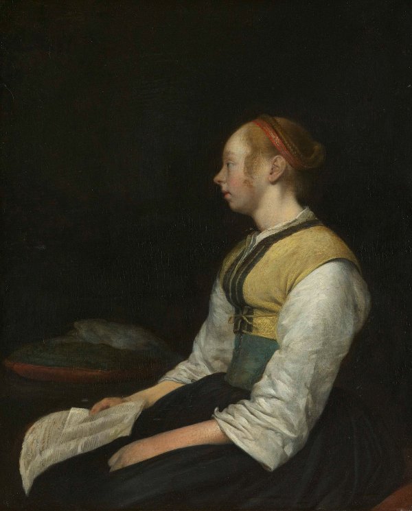 Seated young woman in the costume of a peasant girl, Gerrit ter Borch