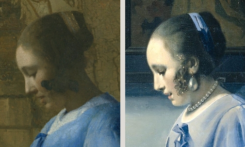 Side by side comparison of Vermeer's Woman in Blue Reading a Letter and Han van Meegeren's Woman Reading Music.