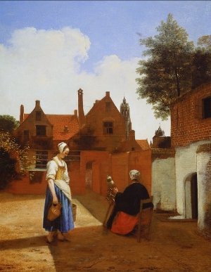 Courtyard in Delft at Evening: a Woman Spinning, Pieter de Hooch