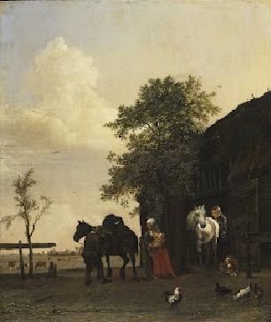 Figures with Horses by a Stable, Paulus Potter