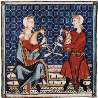 Two bagpipe players from the early Middle Ages