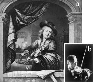 rench violinist using the typical 17th-century chest position and thumb-under-hair grip
