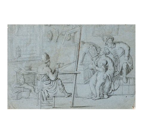 Anonymous, Flemish, Artist and visitor in the studio, c. 1600, pencil on blue paper, 19.4 ×29.2 cm, private collection