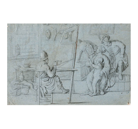 Anonymous, Flemish, Artist and visitor in the studio, c. 1600, pencil on blue paper, 19.4 ×29.2 cm, private collection