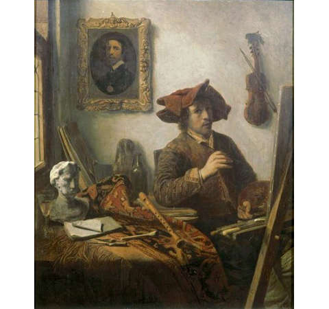 A Painter in his Studio under a Self Portrait on the Wall, Job Adrianesz. Berckheyde, c. 1675, Oil on panel, 36 x 30.7 cm., Private collection (Italy)
