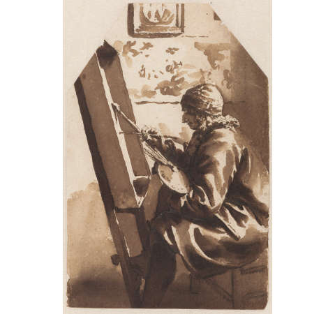  A Painter Seated at his Easel, Jan de Bisschop, Pen and brush on paper, 14.9 x 99 cm., Rijksmusuem, Amsterdam 