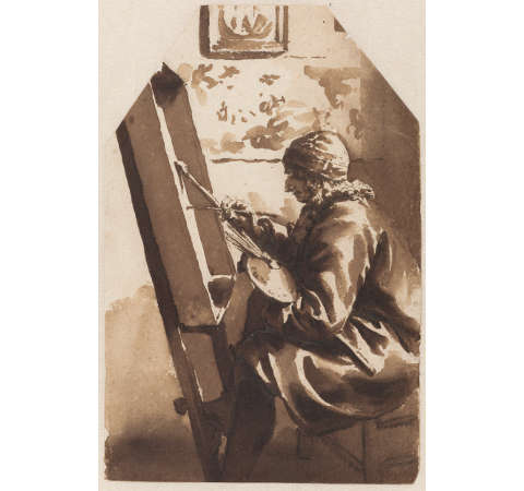 A Painter Seated at his Easel, Jan de Bisschop, Pen and brush on paper, 14.9 x 99 cm., Rijksmusuem, Amsterdam