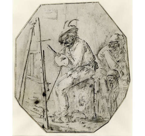 The Distressed Painter (children behind him and wife grinding colors), Andries Both, Before 1640, Drawing on vellum, British Museum, London