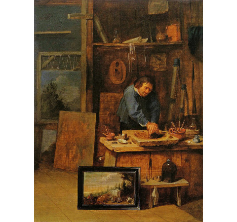 Paint Making in a Painter's Studio, David Ryckaert III, c. 1635-38, Oil on panel, 42.8 x 31.7 cm., Stadtgeschichtliches Museum 'Schabbelhaus', Wismar