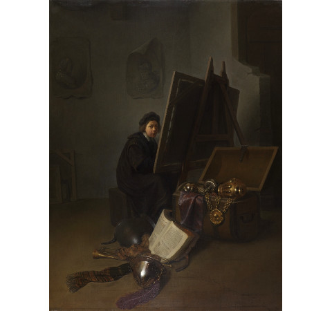 An Artist in his Studio (Self-portrait?), Gerrit Dou, c. 1629, Oil on panel, 66.6 x 50.9 cm., Leiden Collection, New York
