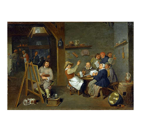 Self-portrait of an artist among a merry, drinking company of peasants in a tavern, Mattheus van Helmont, Between 1645 and 1679, Oil on panel, 49 x 65 cm., Douwes Fine Art, Amsterdam