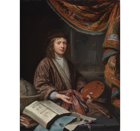  Portrait of the Artist in His Studio, Michiel van Musscher, 1673, Oil on panel, 37.4 x 28.6 cm. The Leiden Collection, New York