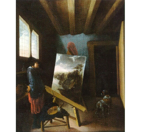 Painter in his Studio, Attributed to Jacob van Spreeuwen, c. 1630–1645, Oil on wood, 40.6 x 33.8 cm., Private collection