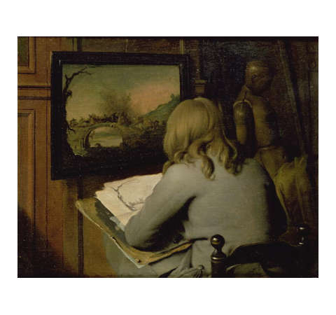 A Young Boy Copying a Painting, Attributed to Wallerand Vaillant, c. 1660, Oil on panel, 31.1 x 39.5 cm., Guildhall (Samuel Collection), London
