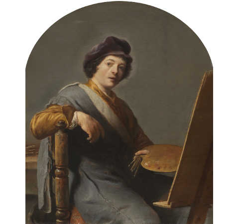 Self-Portrait of an Artist Seated at an Easel, Attributed to Cornelis Bisschop, c. 1653, Oil on panel with arched top, 29.7 x 24.8 cm., The Leiden Collection, New York