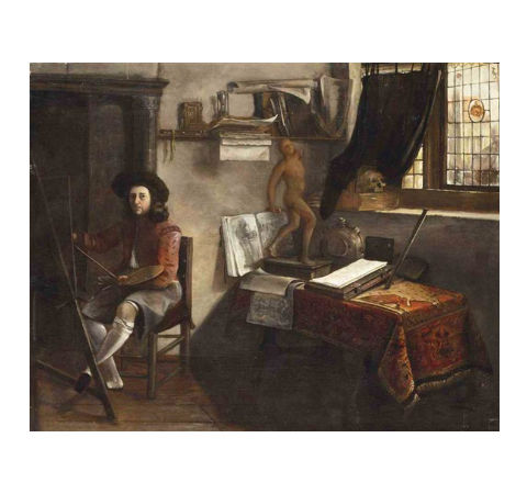 An Artist in his Studio, Attributed to Jacobus Vrel, Oil on panel, 42.4 x 54.5 cm., Private collection