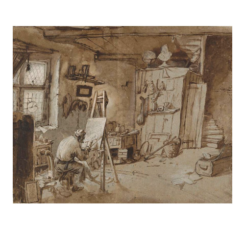 A Painter at Work in his Studio, Thomas Wijck, c. 1663–1677, Pen and brown ink, brown wash, white gouache, over black and red chalk, on blue paper; framing line at top and bottom in pen and brown ink, 40 x 49.6 cm., Metropolitan Museum of Art, New York