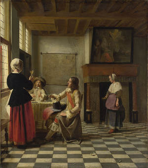 An Interior, with a Woman drinking with Two Men, and a Maidservant, Pieter de Hooch, c. 1658, Oil on canvas, 73.7 x 64.6 cm., National Gallery, London