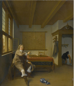 A Man in an Interior Holding a Glass, Two Servants Kissing in a Doorway, Isaack Koedijck, 1648, Oil on panel, 66 x 55 cm., Private collection (?)