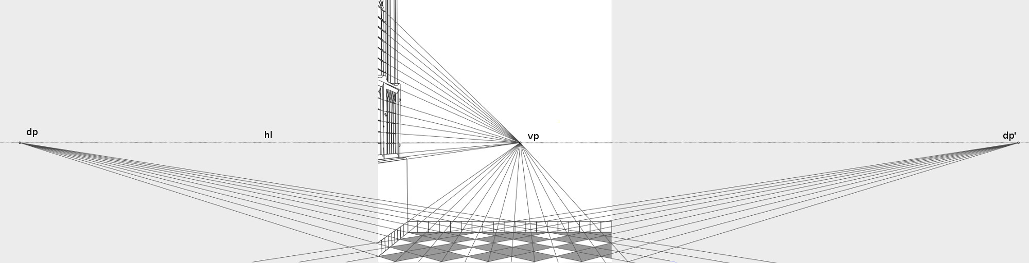 Perspective reconstruction of Vermeer's A Lady Standing at a Virginal, showing the orthogonals, the vanishing point (vp), the horizon line (hl) and distance points (dp and dp') 
