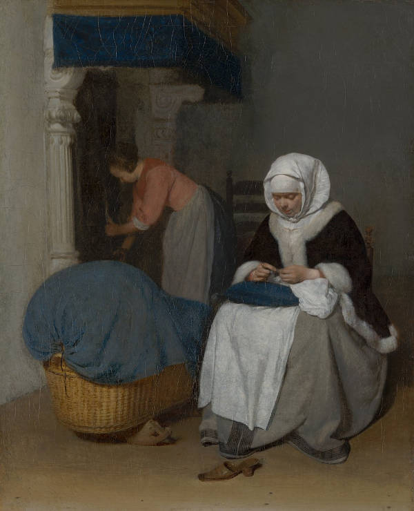Woman Sewing beside a Cradle, Gerrit ter Borch