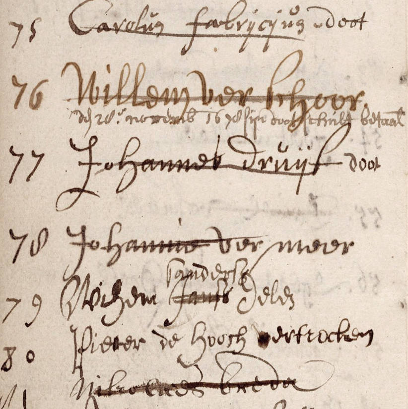 A detail of the Guild of Saint Luke register with Vermeer's name at number 78 and Pieter de Hooch's name at 80 and Carel Fabritius at 75