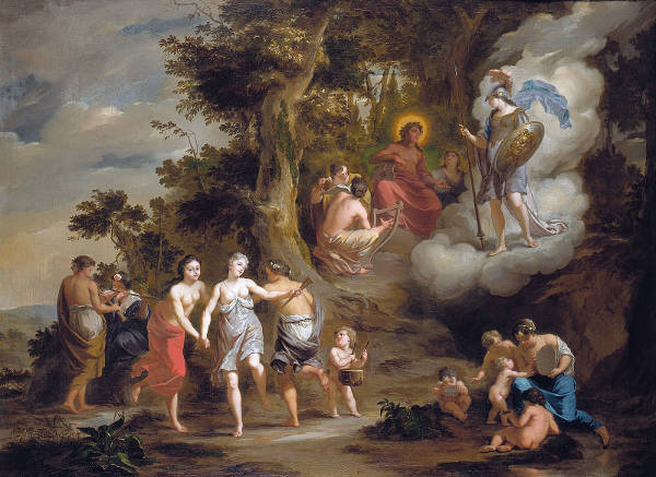 Pallas Athene Visiting Apollo on the Parnassus, Arnold Houbraken, 1703