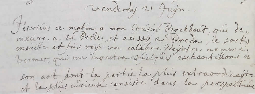 Exerpt from the journal of Pieter van Berkhout, June 21, 1669, The Hague, Kononlijke Bibliotheek
