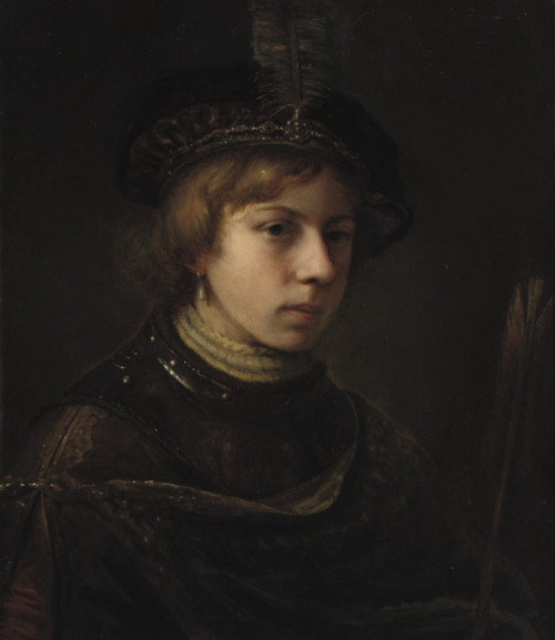 A Tronie of a Boy Wearing a Breastplate and a Feathered Cap, Holding an Arrow, by Circle of Samuel van Hoogstraten