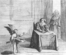 Cupid Presenting a Letter to a Maid (Pampiere Wereld), Emblem from Jan Harmenz. Krul 